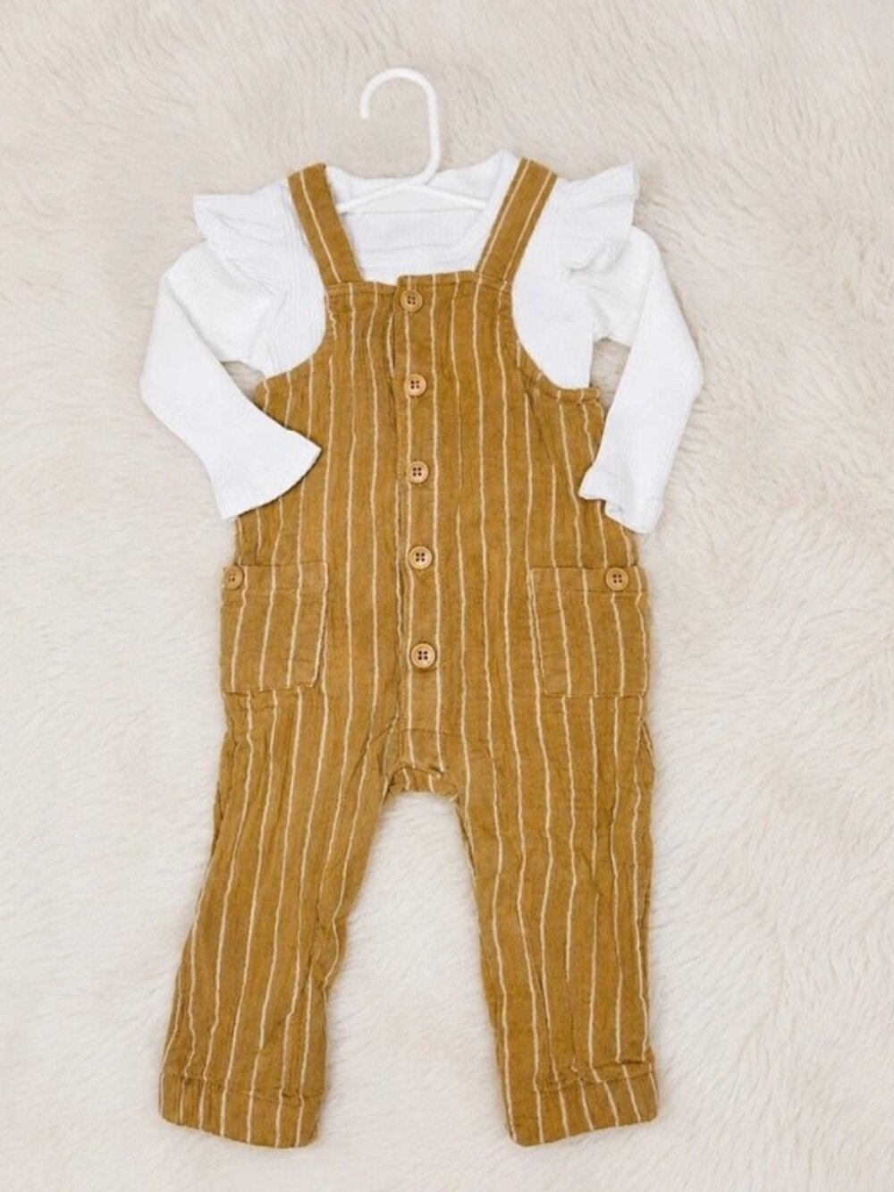 Baby Cat & Jack 2-Piece Overall Outfit 6M – Mustard Striped Overalls + Bodysuit